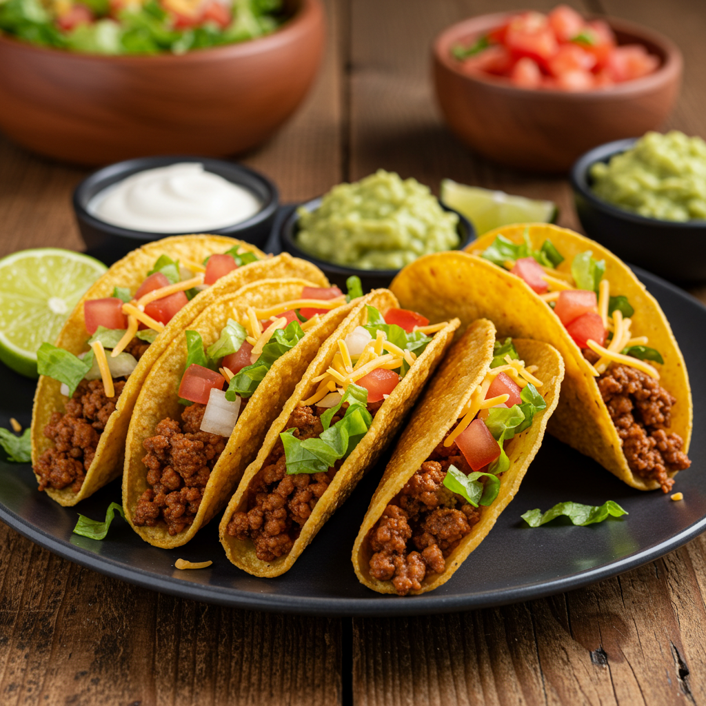 Crispy beef tacos with lettuce, cheese, and tomatoes on a plate.