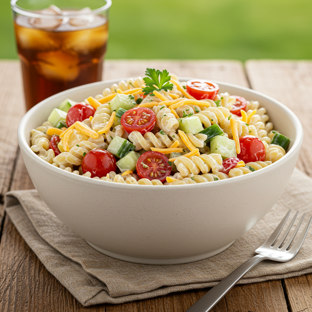 Creamy ranch pasta salad with fresh veggies, bacon, and cheese in a serving bowl.