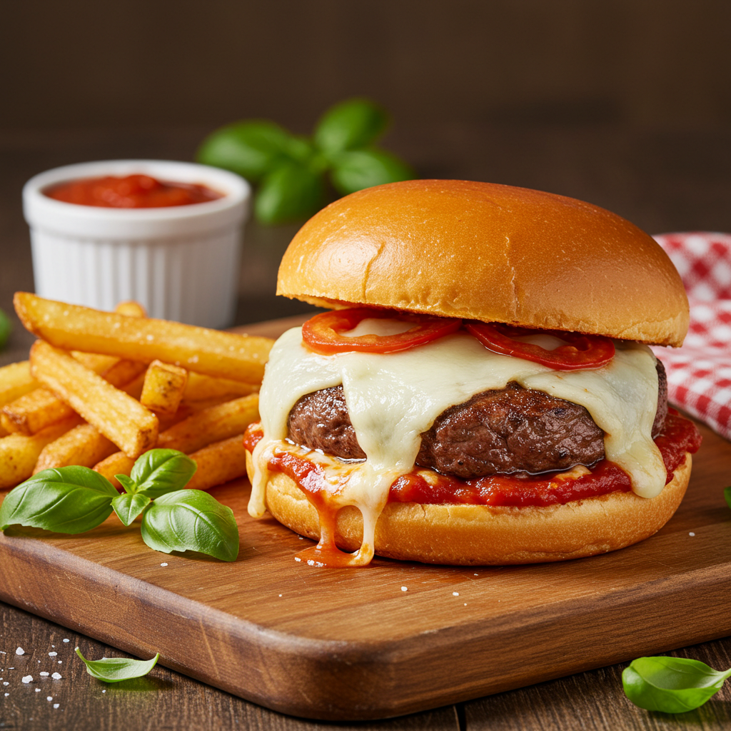 Juicy pizza burger with melted mozzarella and pizza sauce