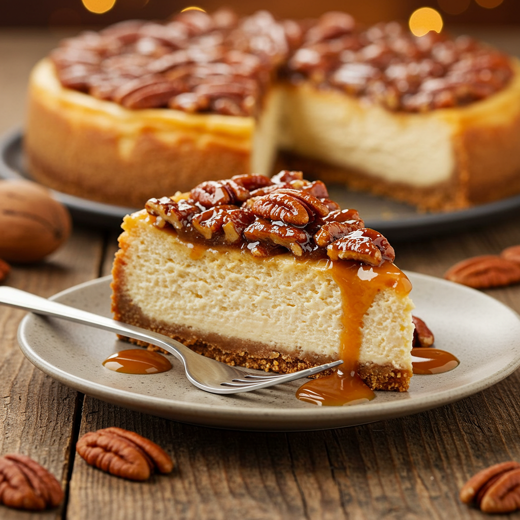 Slice of pecan pie cheesecake with a caramel drizzle on a rustic wooden table.