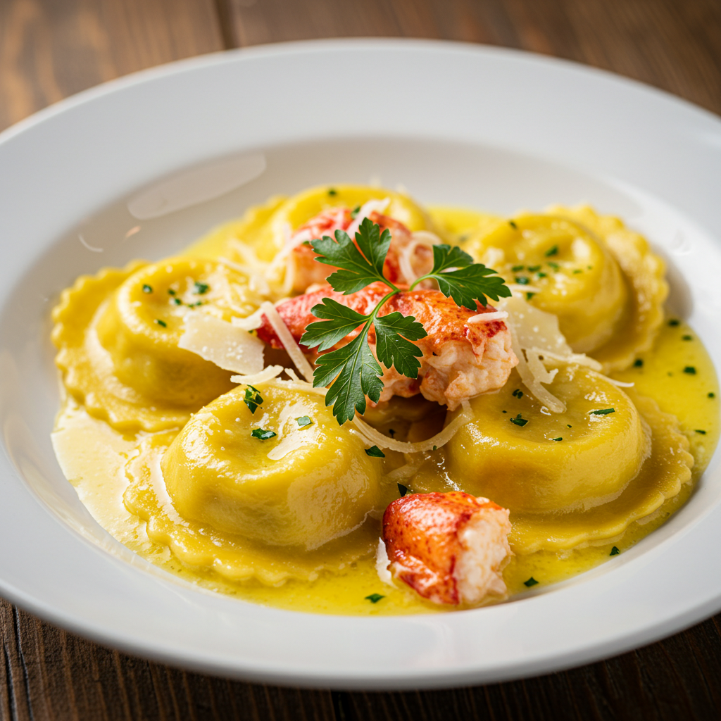 Plated lobster ravioli with butter sauce and Parmesan