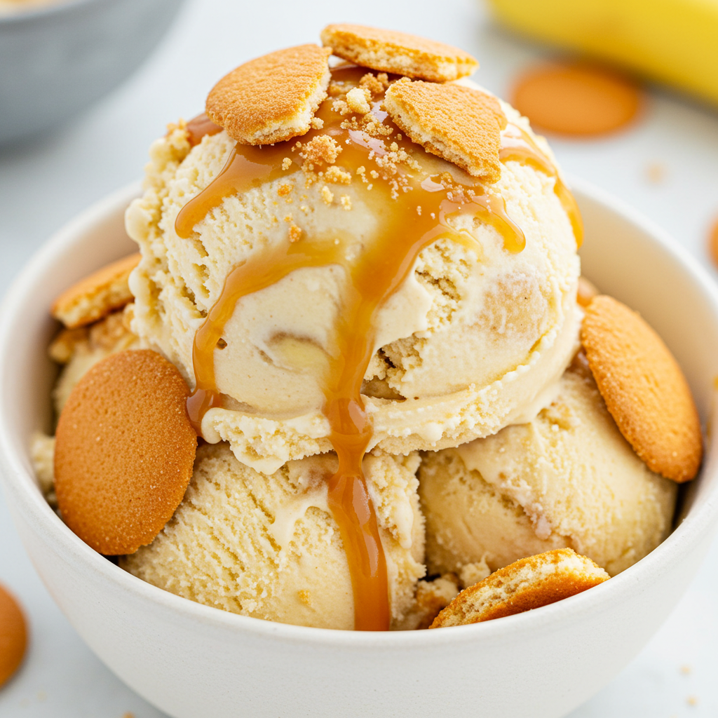Banana pudding ice cream with crushed vanilla wafers and caramel drizzle.