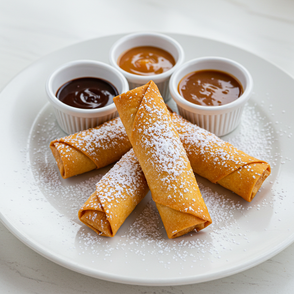 Golden brown cheesecake egg rolls with powdered sugar and assorted dipping sauces on a white plate