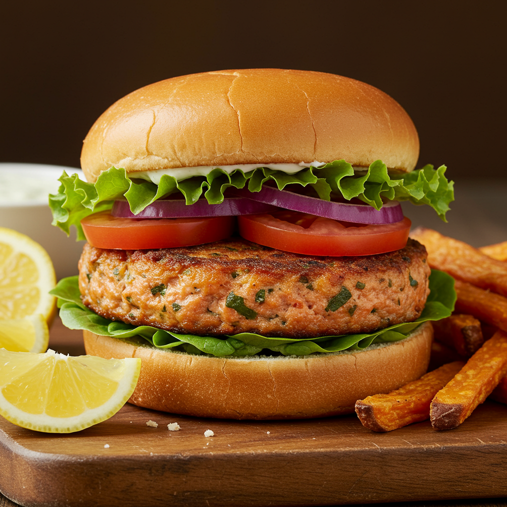 Golden canned salmon burgers stacked on toasted buns with fresh toppings and sweet potato fries