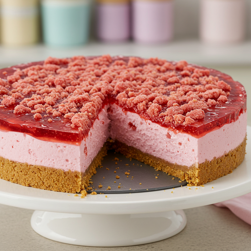 A whole Strawberry Crunch Cheesecake topped with a vibrant, crunchy strawberry crumble, served on a white plate.