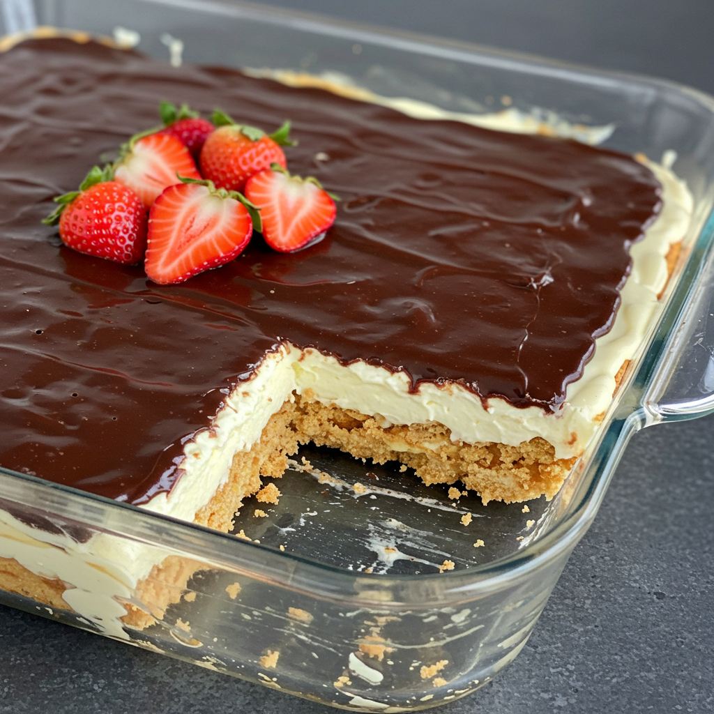 A full Éclair Dessert in a glass baking dish with layers of graham crackers, vanilla pudding, and chocolate glaze.