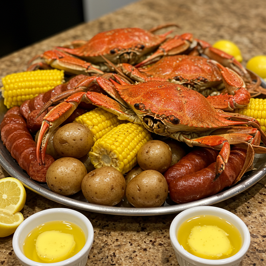 Homemade crab boil with red crabs, corn, potatoes, and sausage on a kitchen counter.